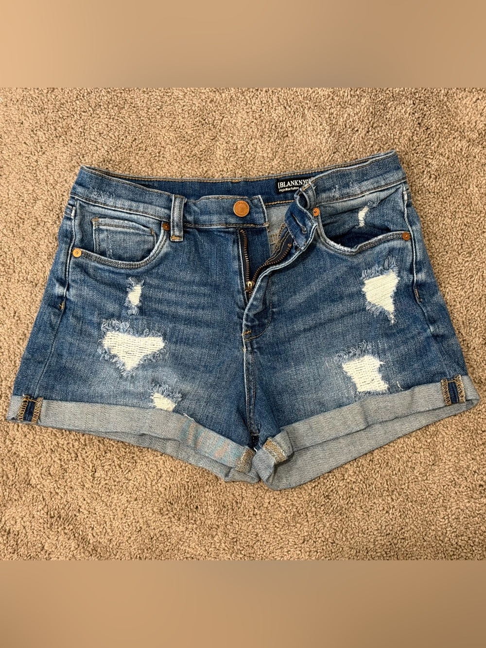 BlankNYC | Medium High Rise Blue Distressed Roll-Cuff Denim Shorts